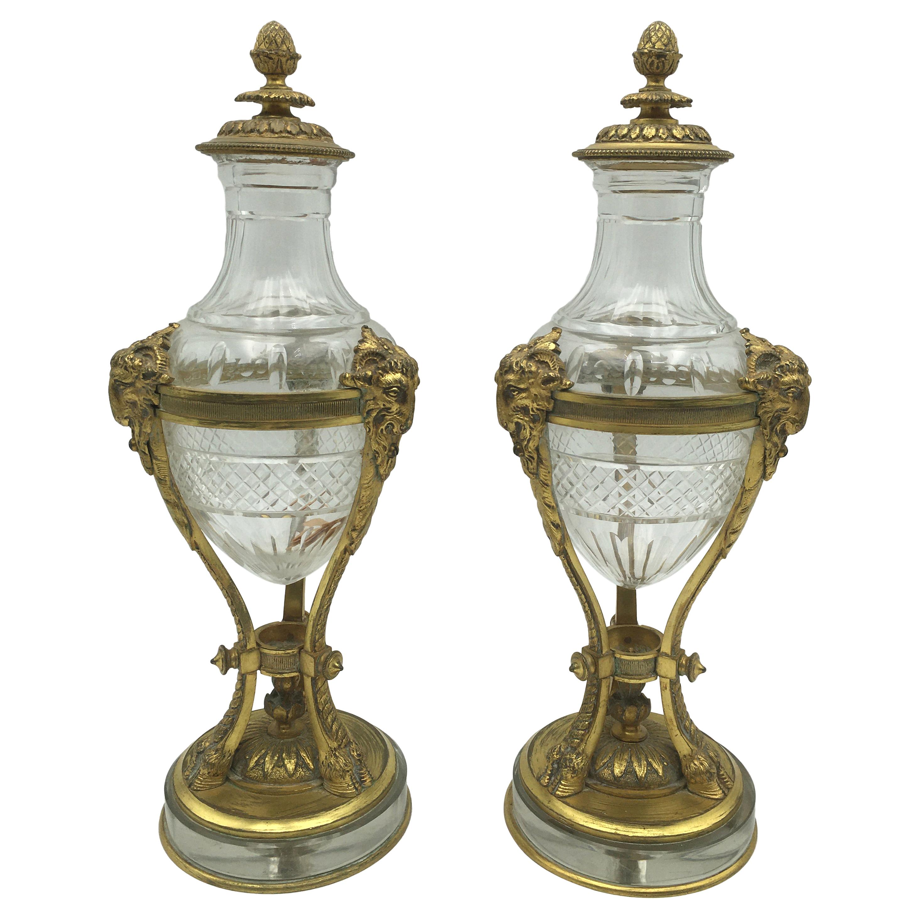 Pair of Louis 16 Bronze and Crystal Mantel Trim Cassolette, circa 1860