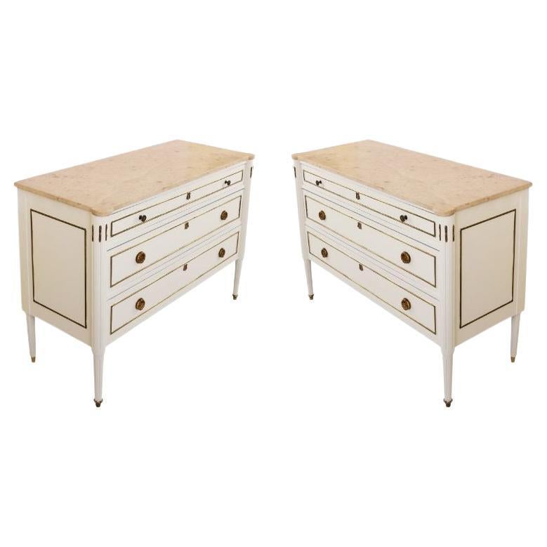 Pair of Louis 16th Style Commodes With Brass Hardware and Marble Tops