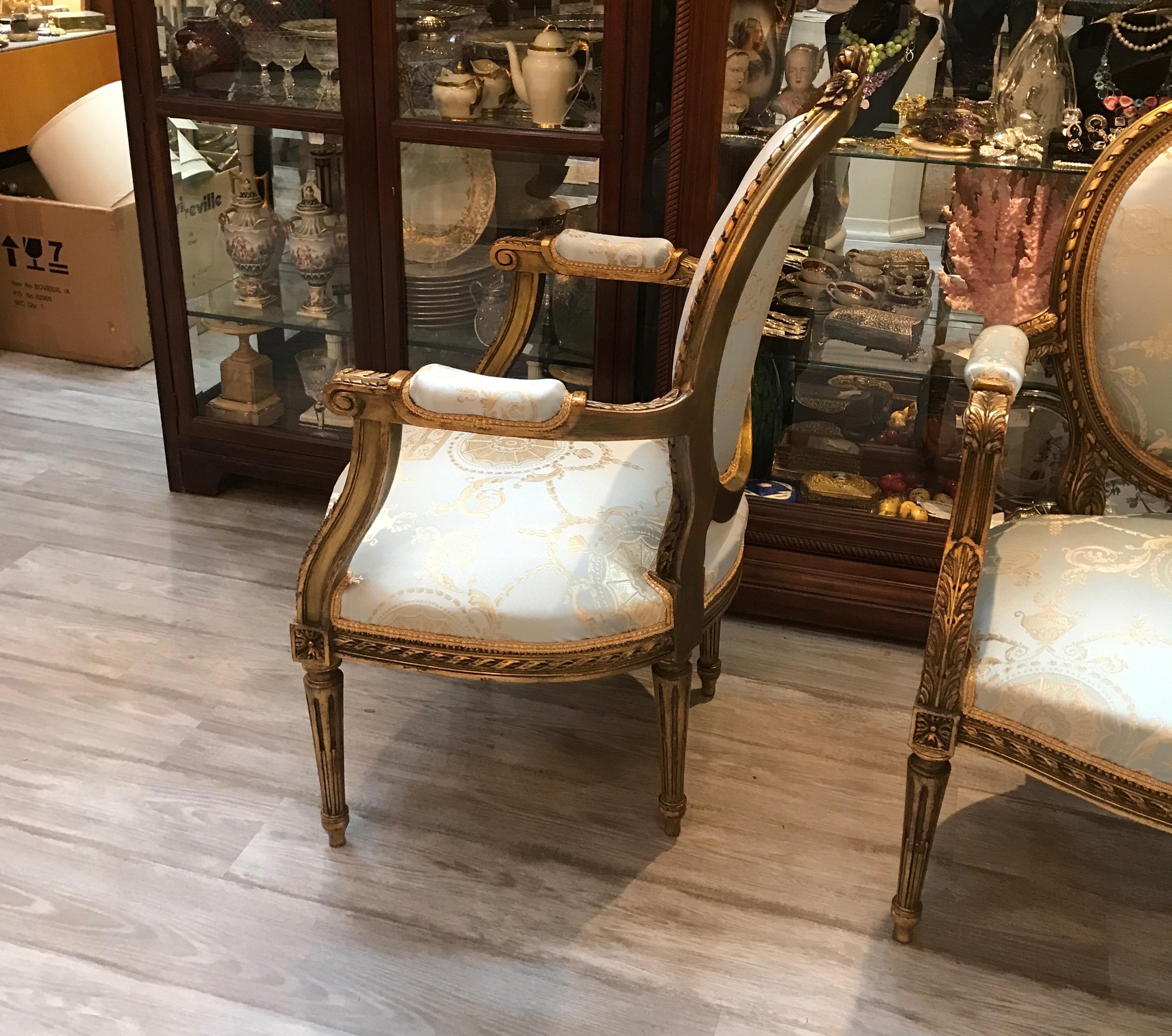Damask Pair of Louis XVI Gilt Wood Chairs