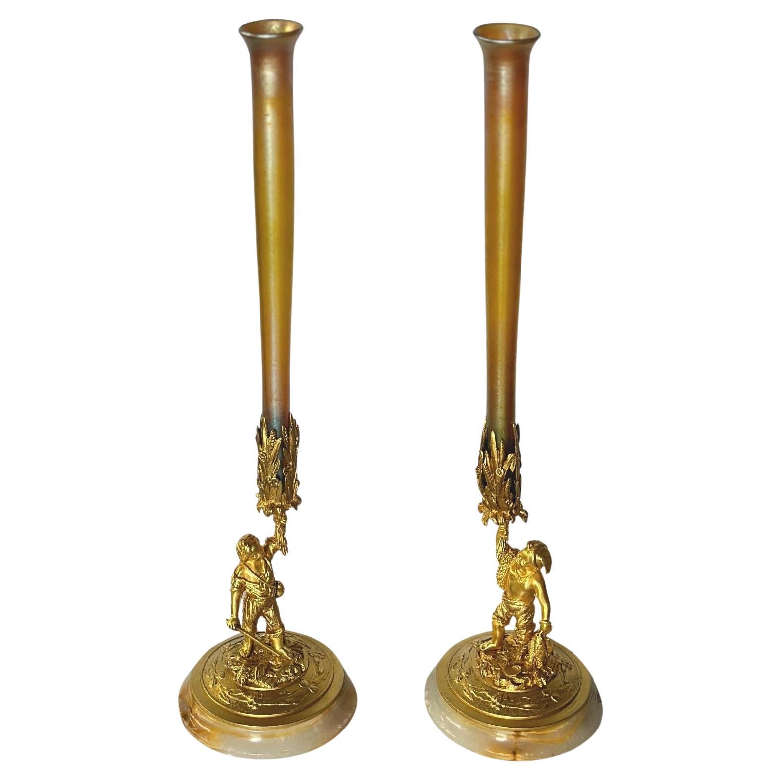 Pair of Louis Comfort Tiffany Bronze, Marble & Favrile Glass Vases For Sale