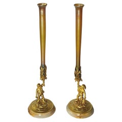 Antique Pair of Louis Comfort Tiffany Bronze, Marble & Favrile Glass Vases