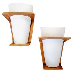 Pair of Louis Kalff Plywood and Opaline Glass Sconces, Netherlands, 1960s