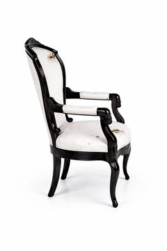 Pair of Louis Philippe Black Lacquer Armchair Walnut 19th Century Carved Faces