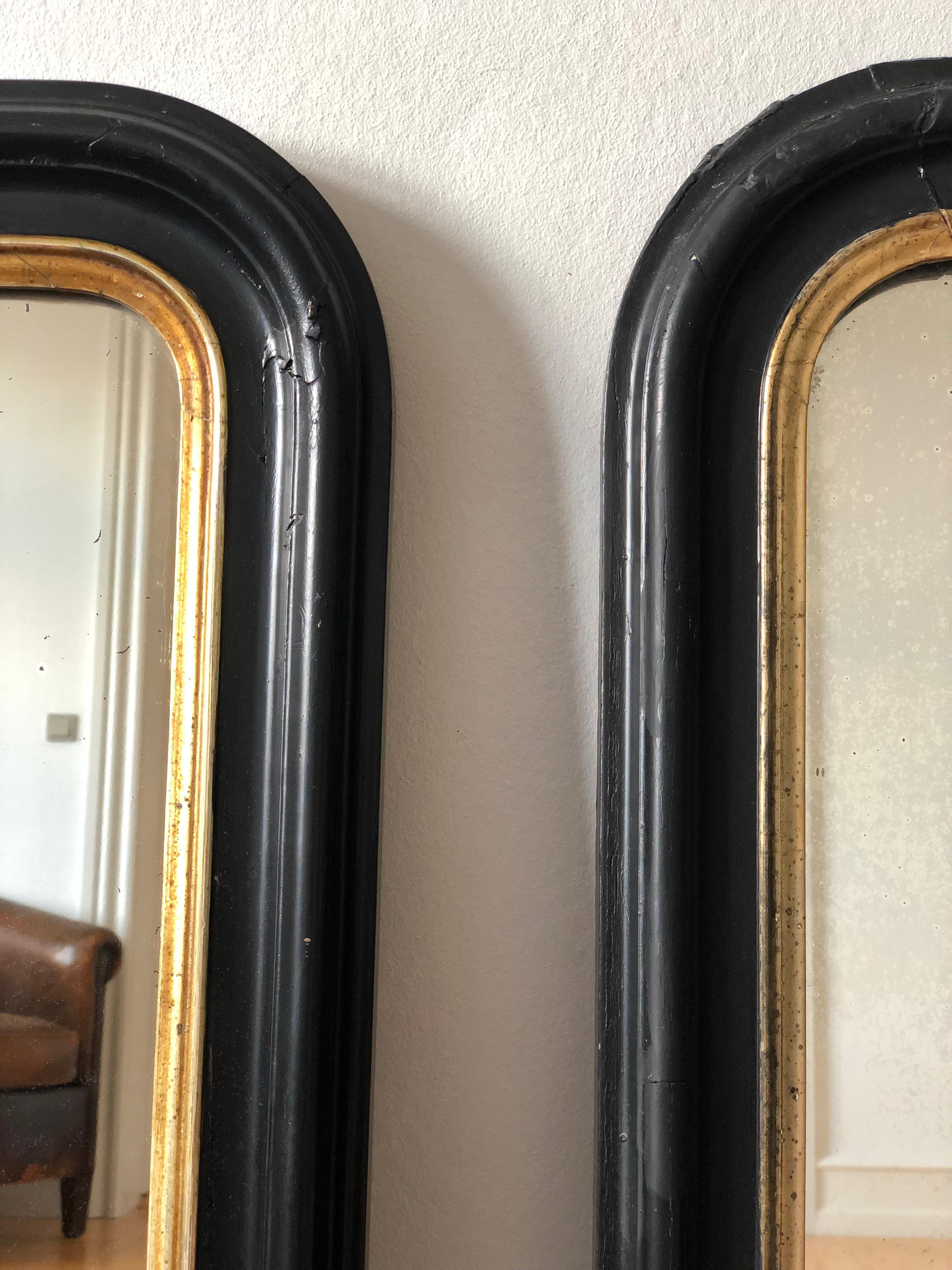 Pair of Louis Philippe Full Length French Mirrors in Black and Gold Late 19th Ce For Sale 2