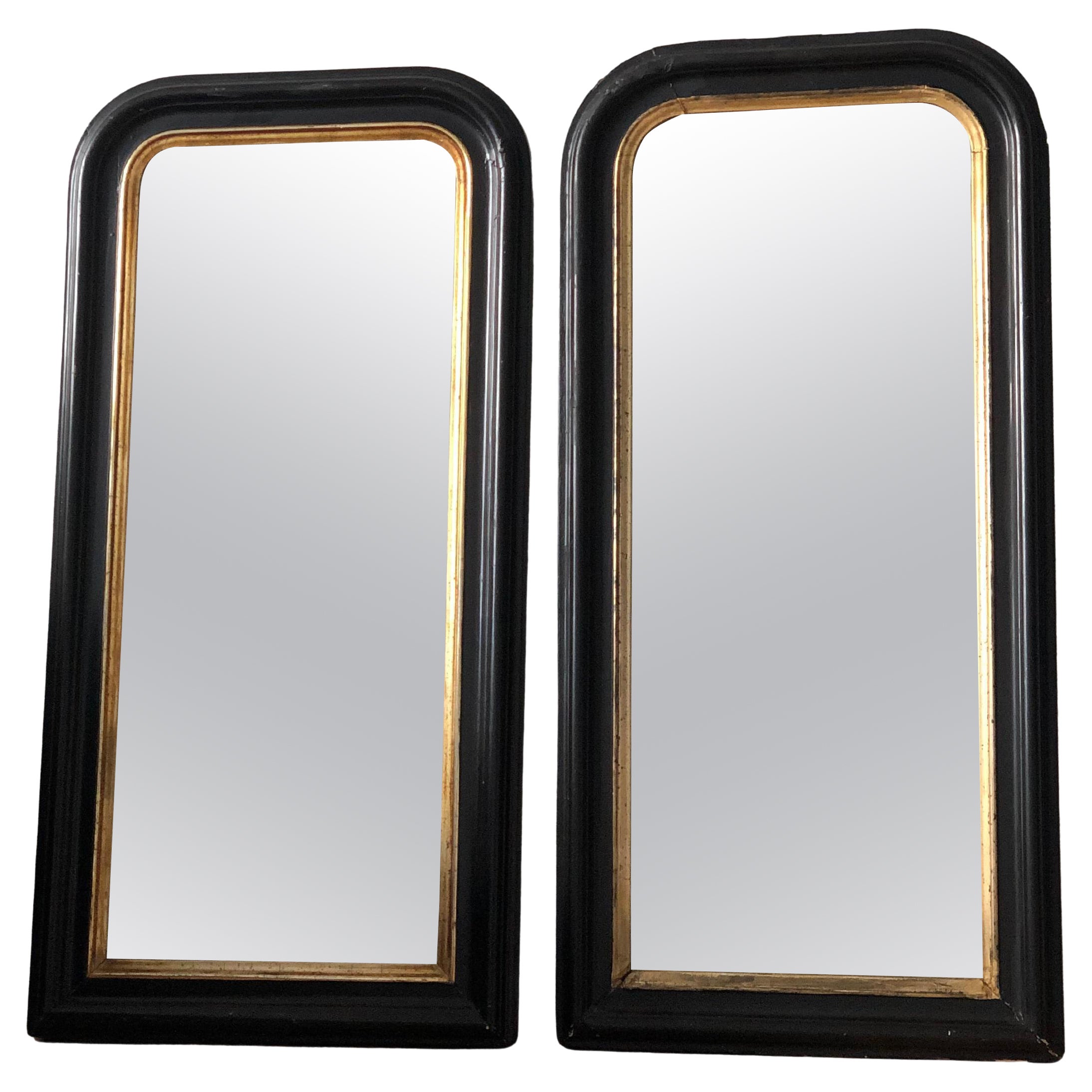 Pair of Louis Philippe Full Length French Mirrors in Black and Gold Late 19th Ce For Sale