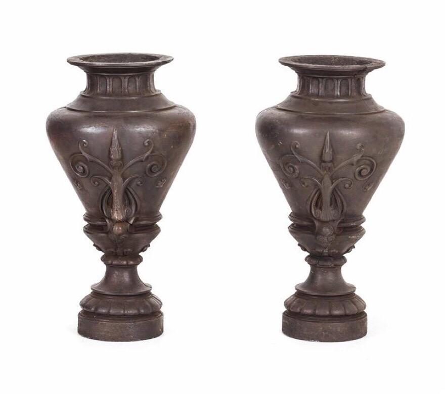 Pair of Louis Philippe garden vases, circa 1860, solid iron relief cast with bronze patina, partly filled with cement inside, height approx. 62 cm, in a good condition, not excellent.
Complimentary shipping worldwide!
   