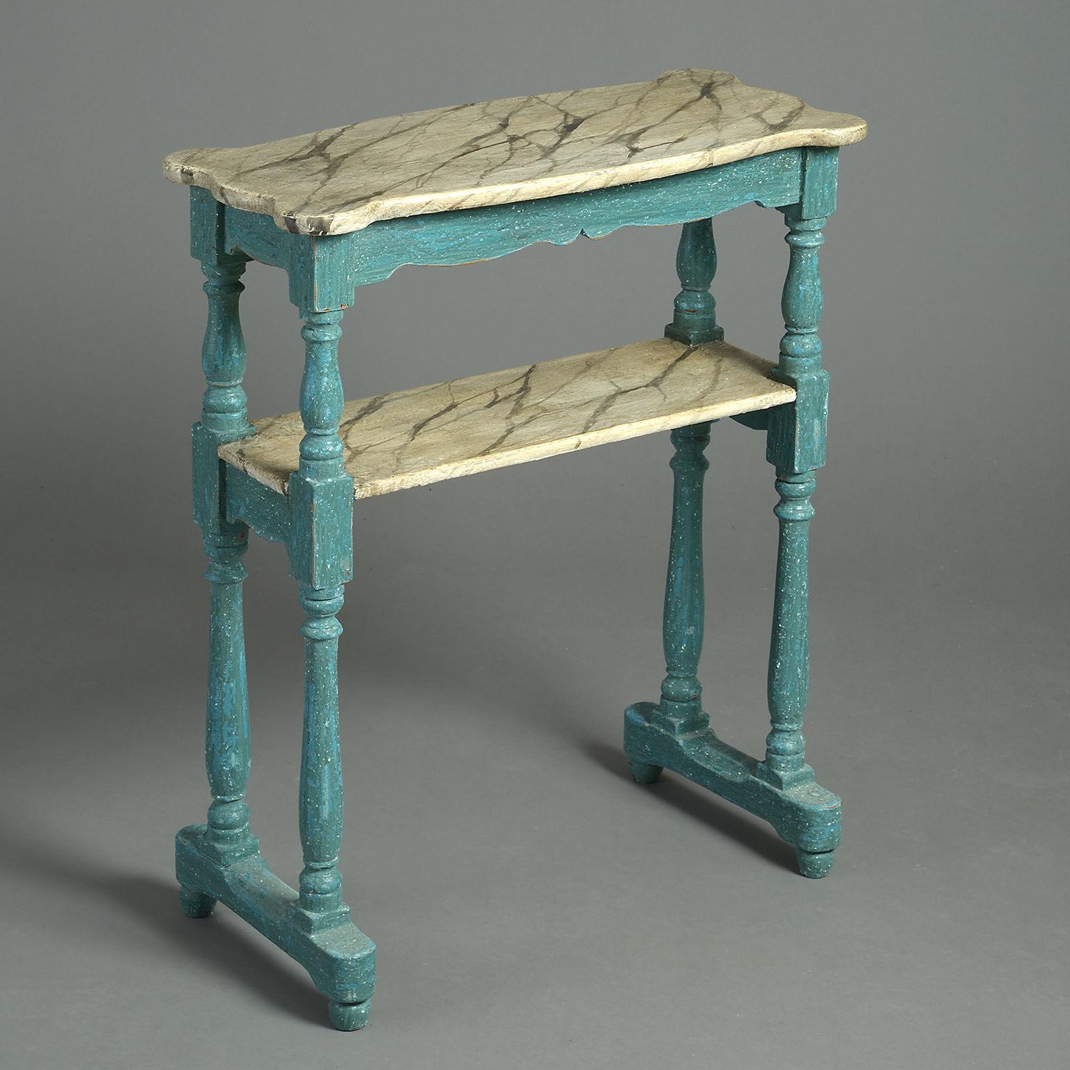 The serpentine tops and rectangular under-shelves painted with faux marble decoration and supported on blue painted baluster turned trestle supports with turned bun feet. Beautifully aged blue paintwork, paintwork refreshed.