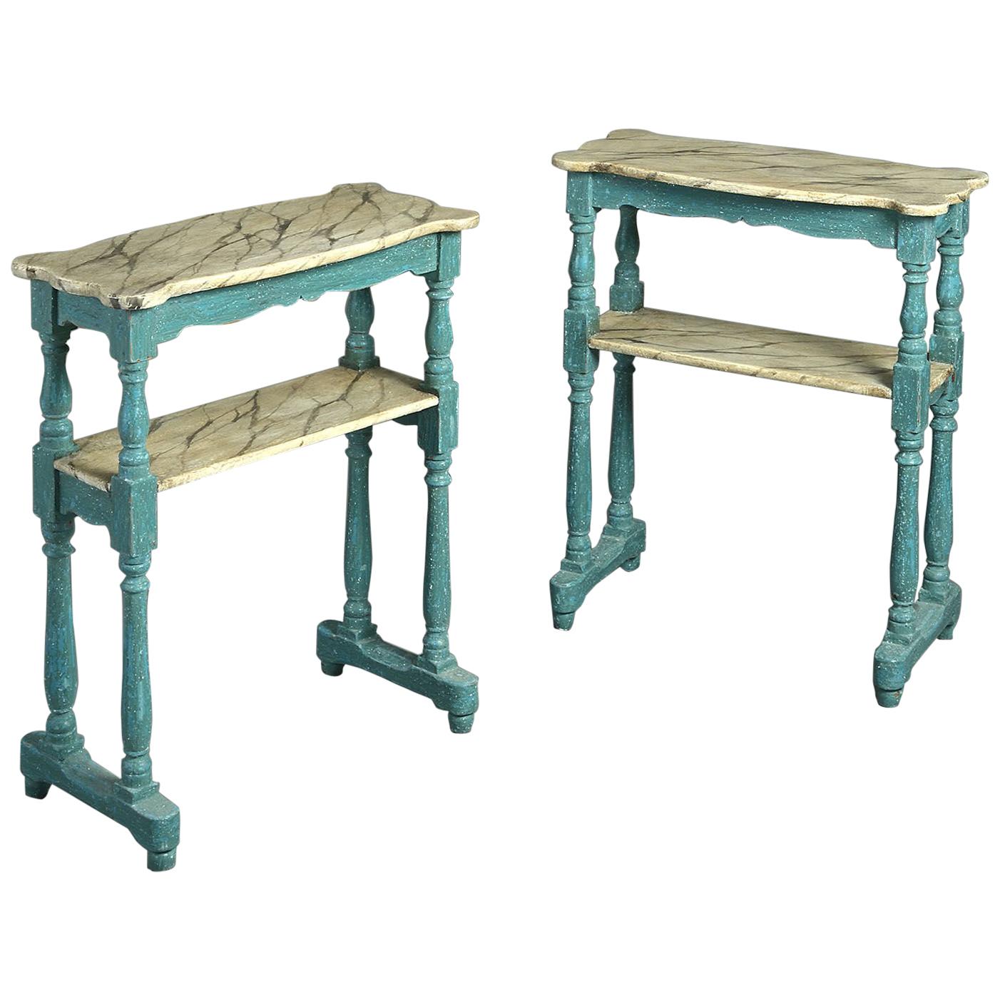 Pair of LouisPhilippe Painted Blue Etagere Tables or End Tables For