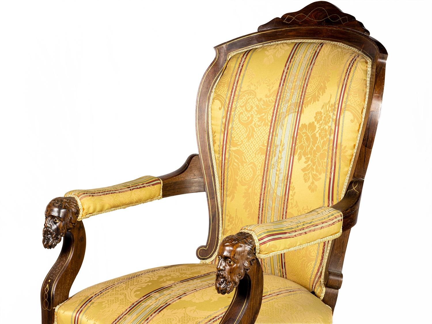 Hand-Carved Pair of Louis Philippe Voltaire Armchairs, 19th Century For Sale