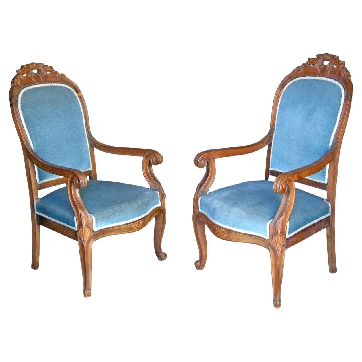 Pair of Louis Philippe Walnut Armchairs, circa 1860 For Sale