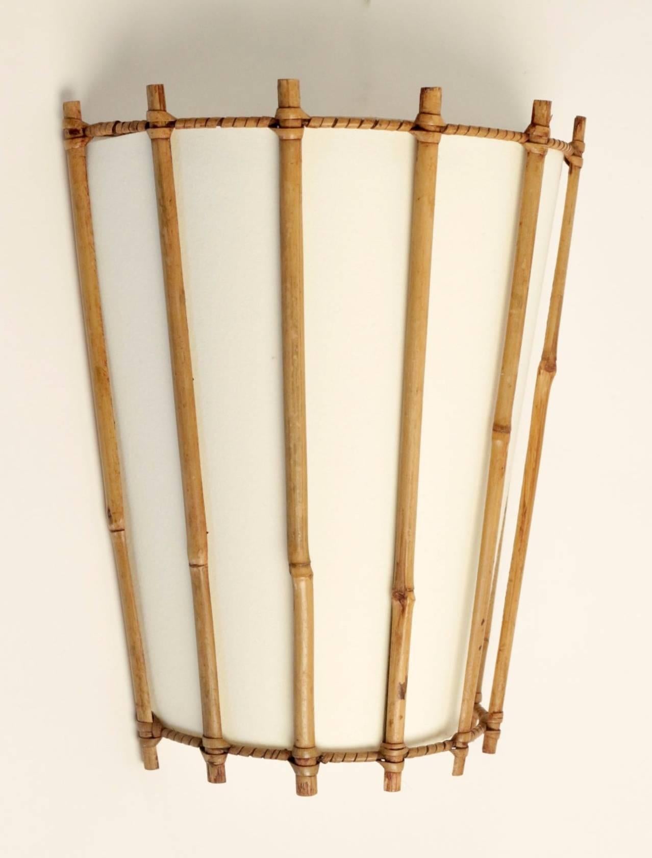 Pair of Louis Sognot Bamboo and Rattan Sconces, 1950 In Good Condition In Saint-Ouen, FR