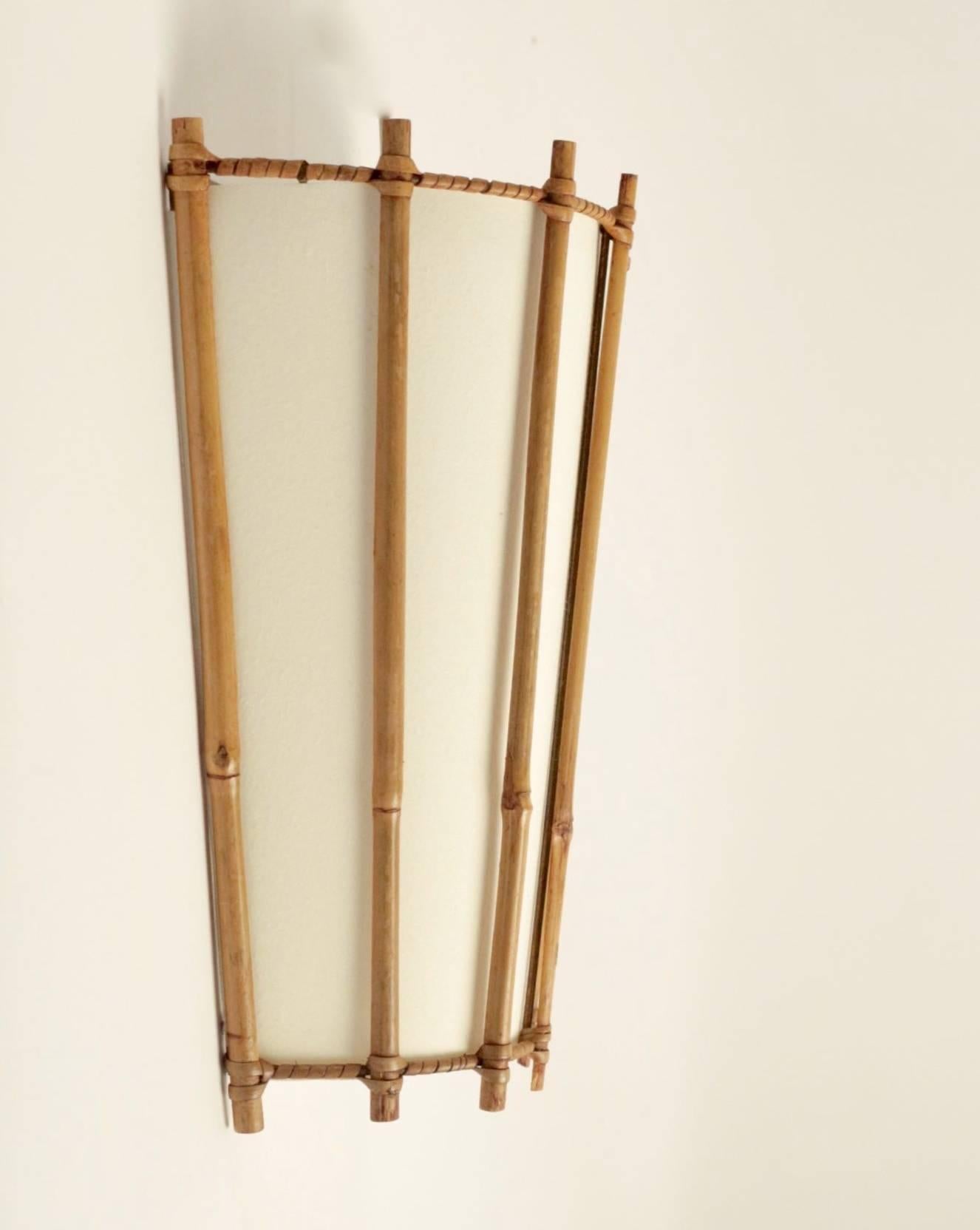 Mid-20th Century Pair of Louis Sognot Bamboo and Rattan Sconces, 1950