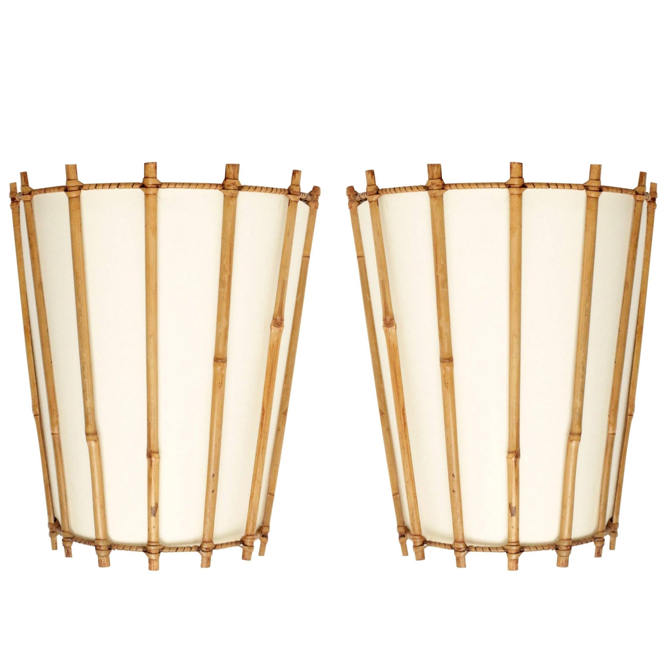Pair of Louis Sognot Bamboo and Rattan Sconces, 1950