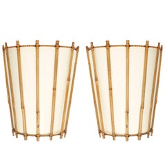 Pair of Louis Sognot Bamboo and Rattan Sconces, 1950