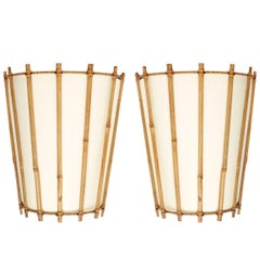 Pair of Louis Sognot Bamboo and Rattan Sconces, 1950