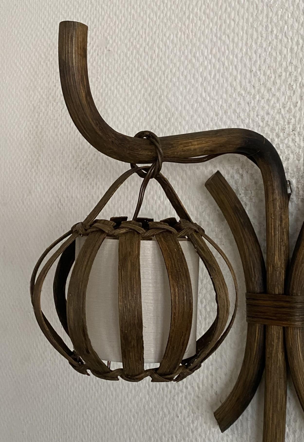 Pair of Louis Sognot Bamboo Rattan Wall Sconces with Shades, France, 1960s For Sale 3