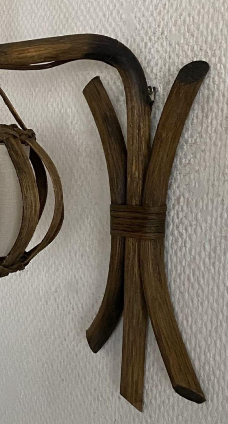 Pair of Louis Sognot Bamboo Rattan Wall Sconces with Shades, France, 1960s For Sale 4