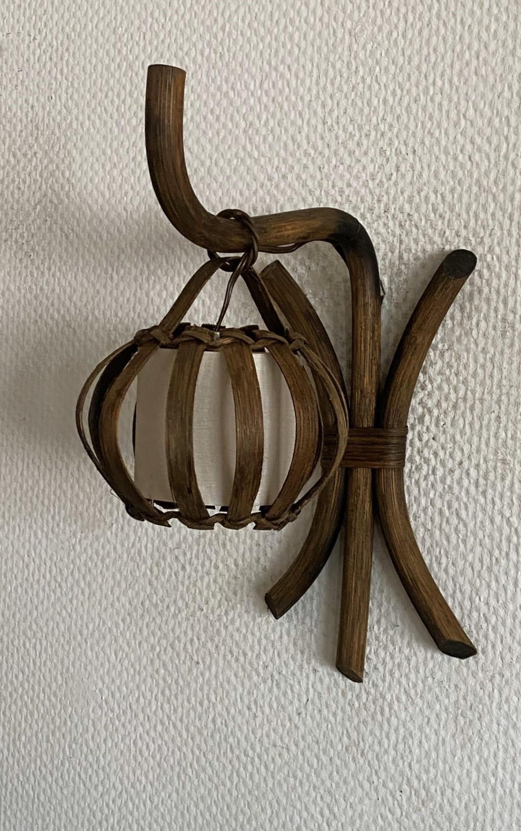 French Pair of Louis Sognot Bamboo Rattan Wall Sconces with Shades, France, 1960s For Sale
