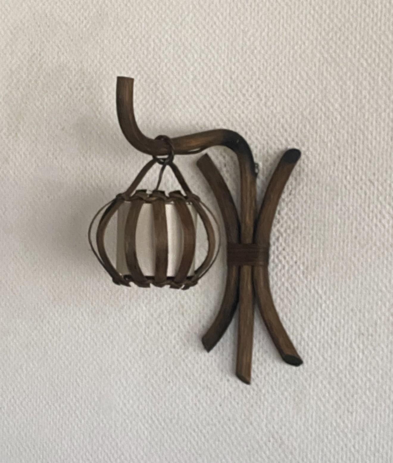 Pair of Louis Sognot Bamboo Rattan Wall Sconces with Shades, France, 1960s For Sale 1