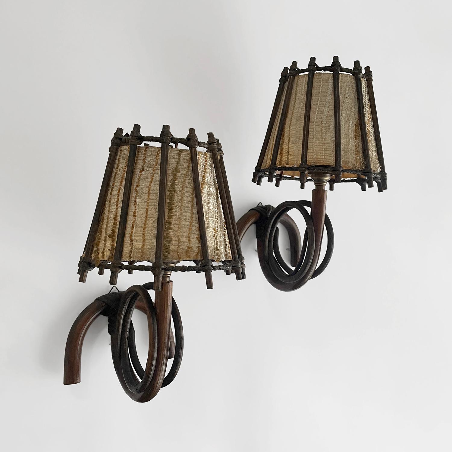 Pair of Louis Sognot French Bamboo & Rattan Sconces  In Good Condition For Sale In Los Angeles, CA