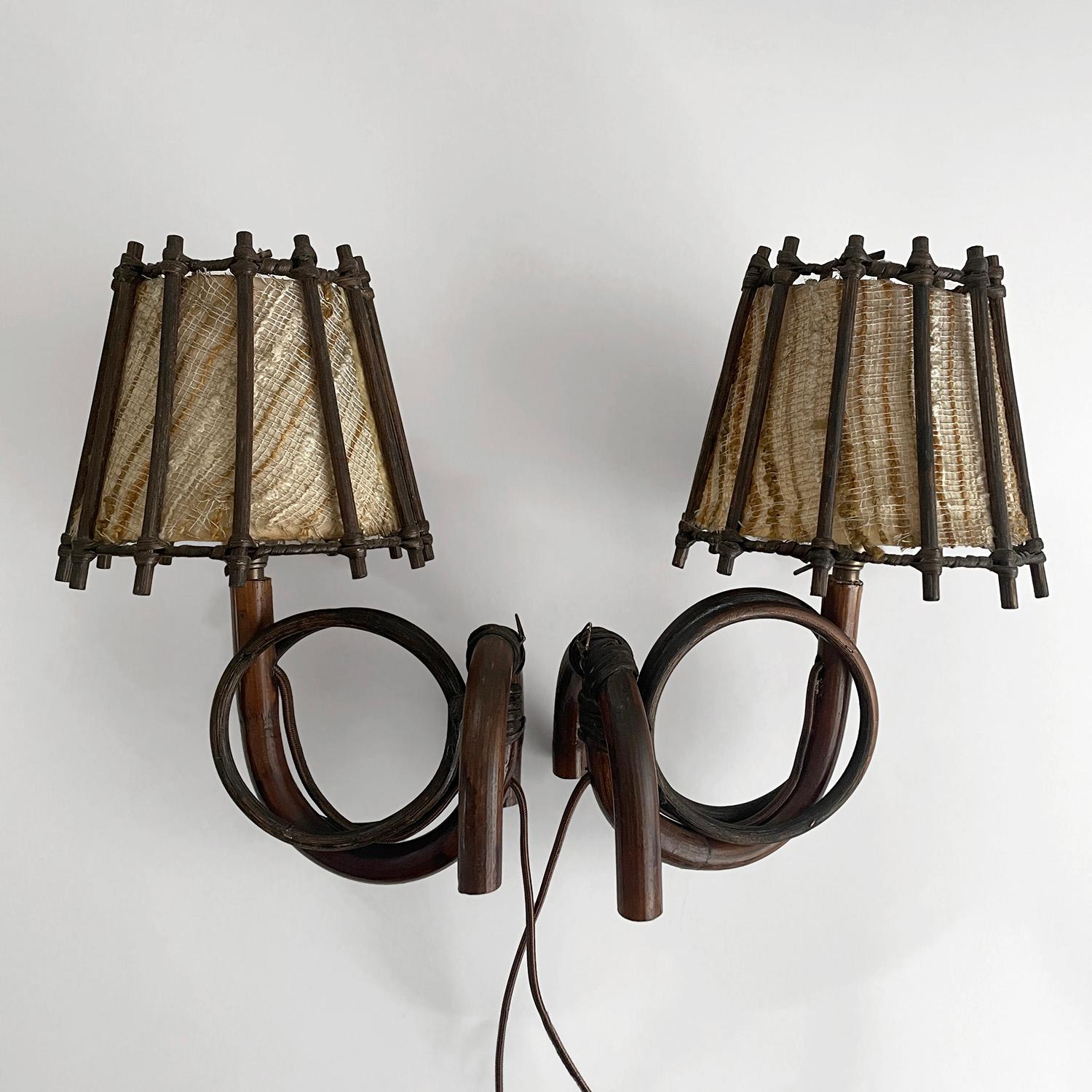 Mid-20th Century Pair of Louis Sognot French Bamboo & Rattan Sconces  For Sale