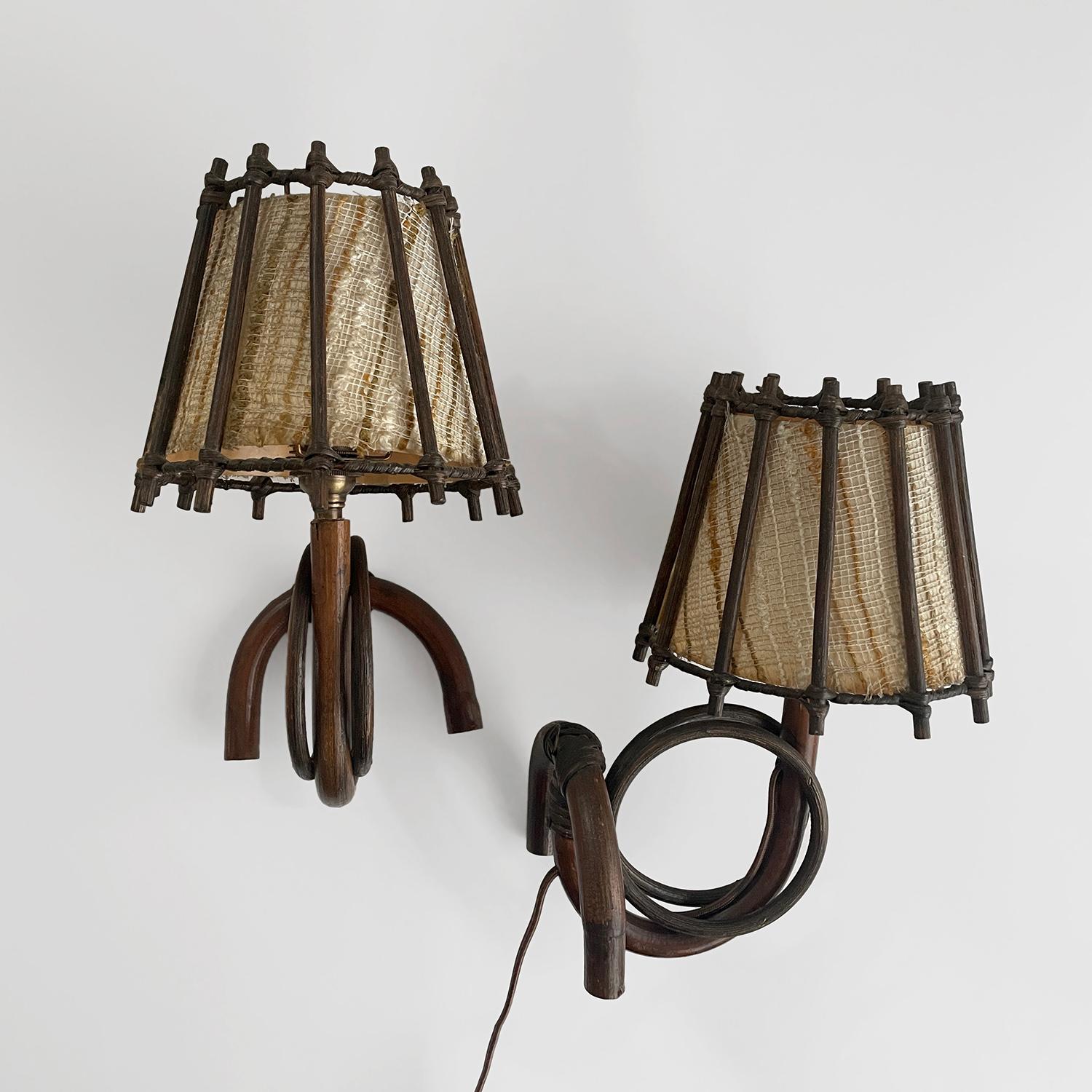 Pair of Louis Sognot French Bamboo & Rattan Sconces  For Sale 1
