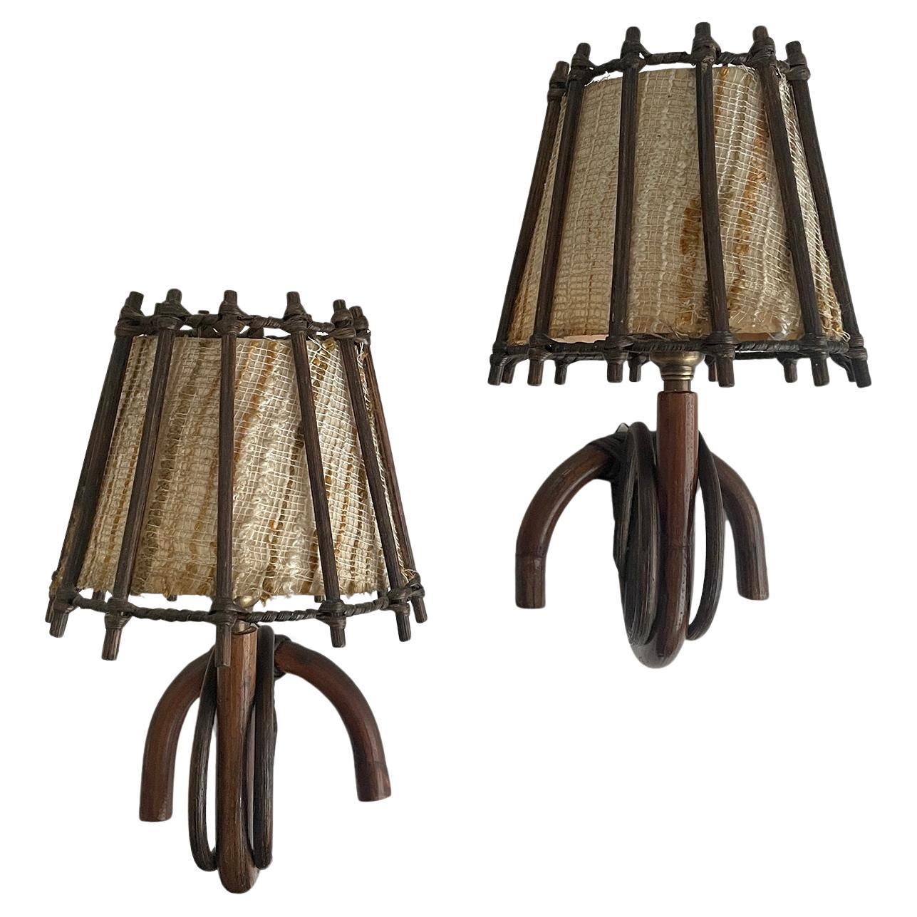 Pair of Louis Sognot French Bamboo & Rattan Sconces  For Sale