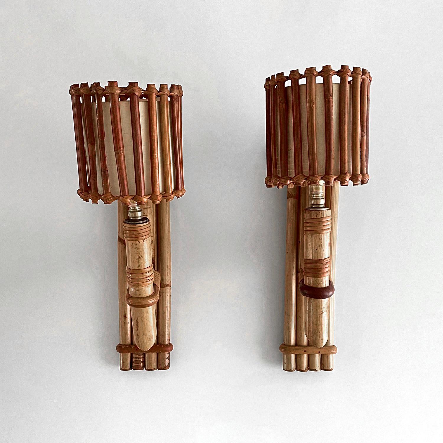Pair of Louis Sognot French Bamboo Torchiere Sconces  In Good Condition For Sale In Los Angeles, CA