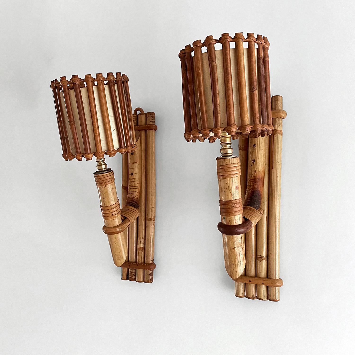 Mid-20th Century Pair of Louis Sognot French Bamboo Torchiere Sconces  For Sale