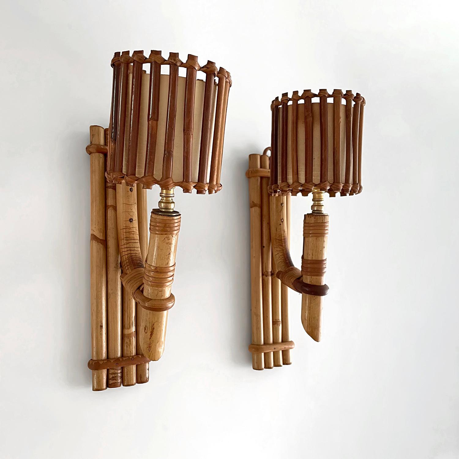 Pair of Louis Sognot French Bamboo Torchiere Sconces  For Sale 1