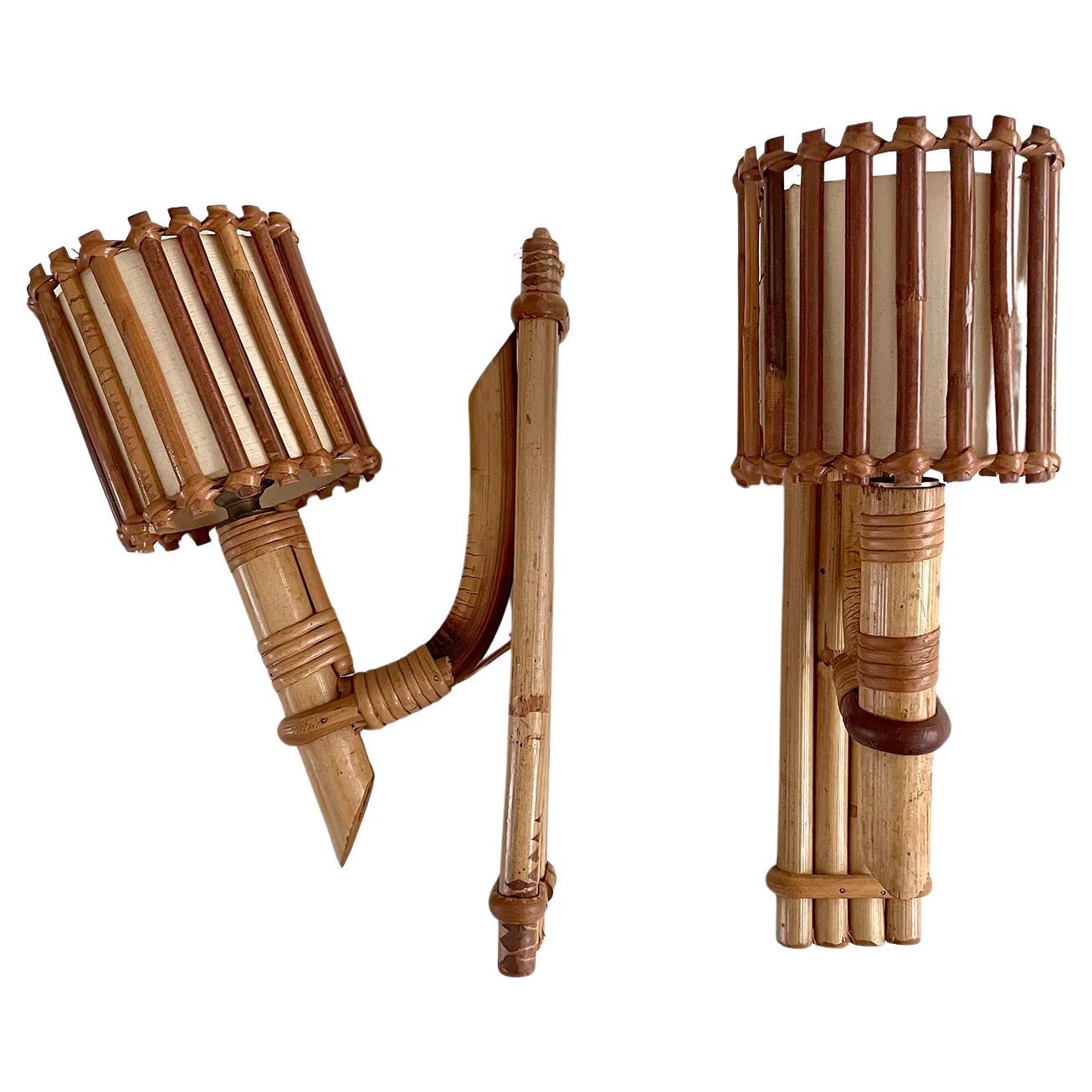 Pair of Louis Sognot French Bamboo Torchiere Sconces 