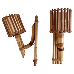 Retro Pair of Louis Sognot French Bamboo Torchiere Sconces 