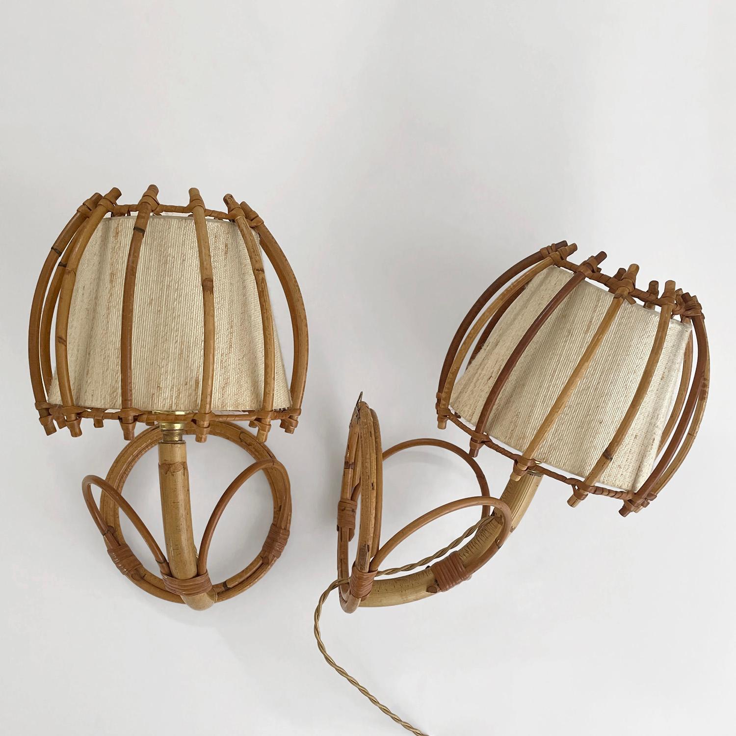 Pair of Louis Sognot French Rattan Lantern Sconces For Sale 9