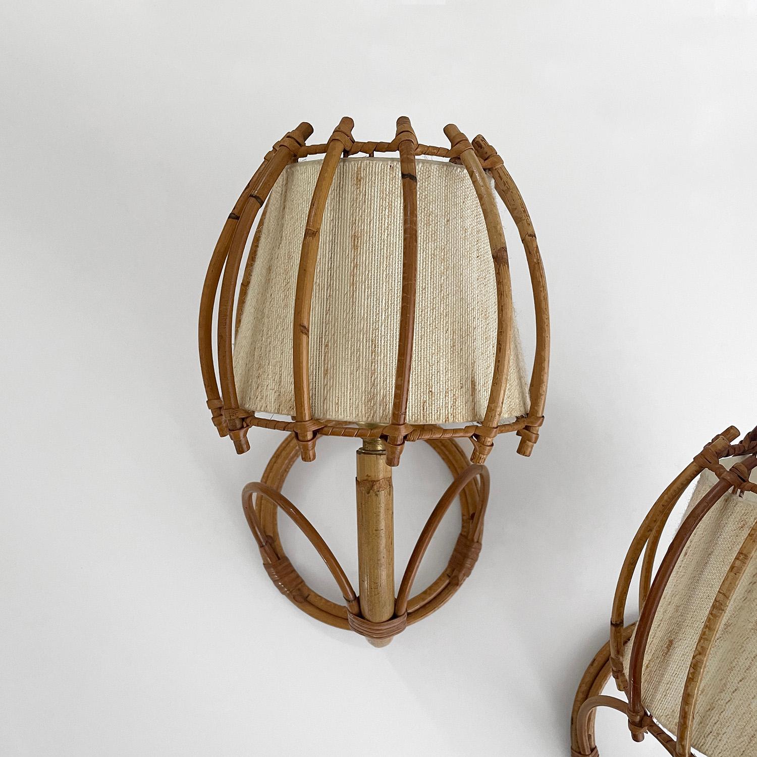 Pair of Louis Sognot French Rattan Lantern Sconces  In Good Condition For Sale In Los Angeles, CA