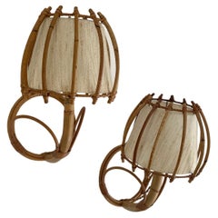 Pair of Louis Sognot French Rattan Lantern Sconces 