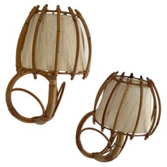 Vintage Pair of Louis Sognot French Rattan Lantern Sconces 