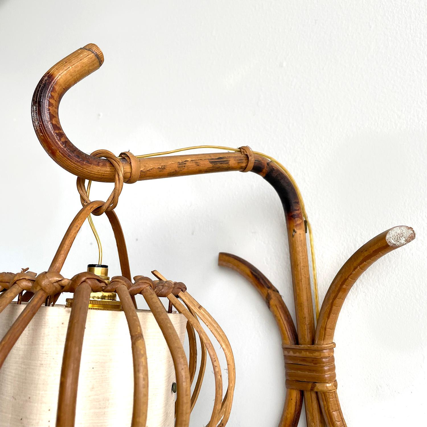 French Pair of Louis Sognot Rattan Lantern Sconces