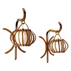 Vintage Pair of Louis Sognot Rattan Lantern Sconces