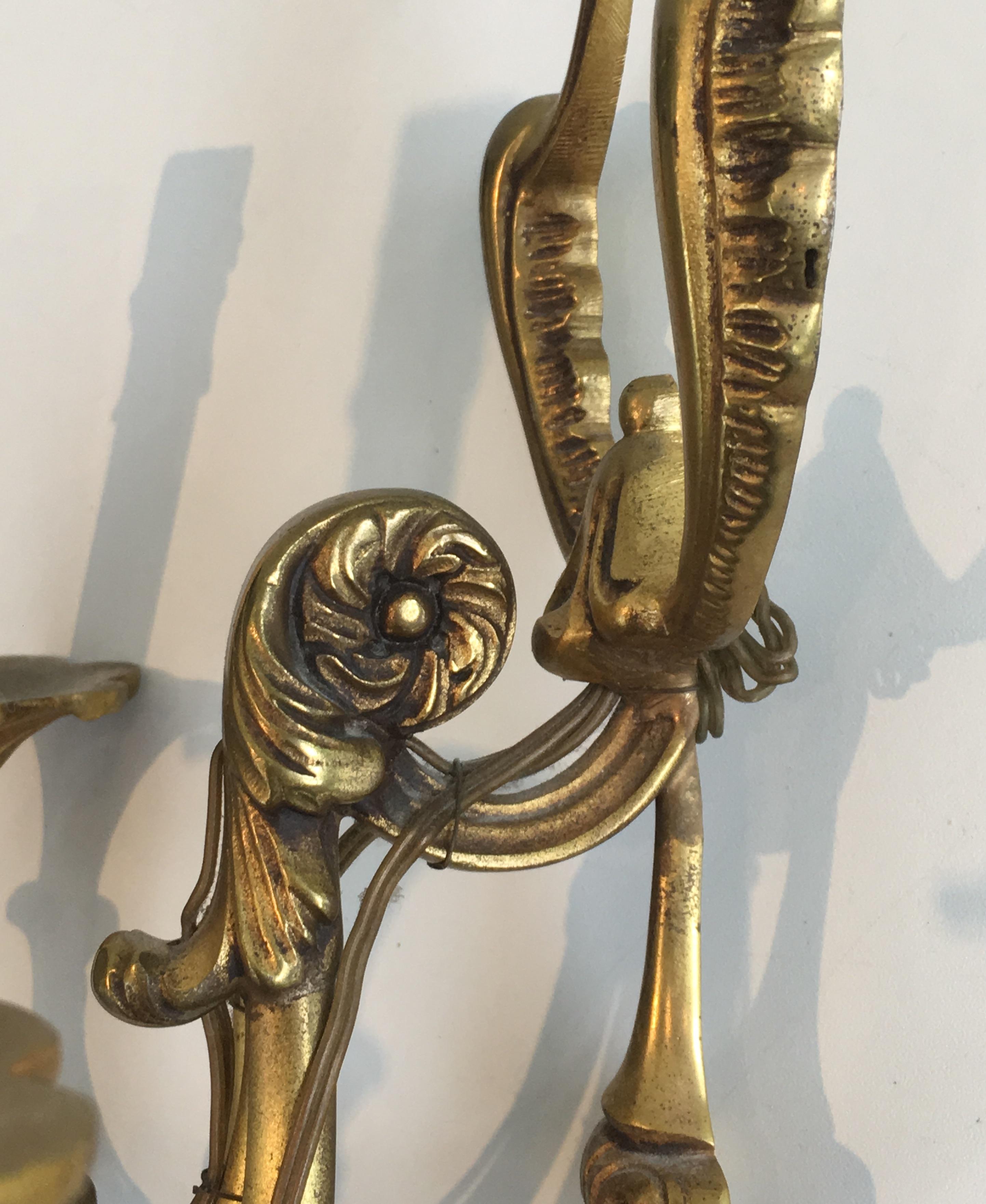 Pair of Louis XV Style 3-Light Bronze Sconces, French, circa 1960 For Sale 6