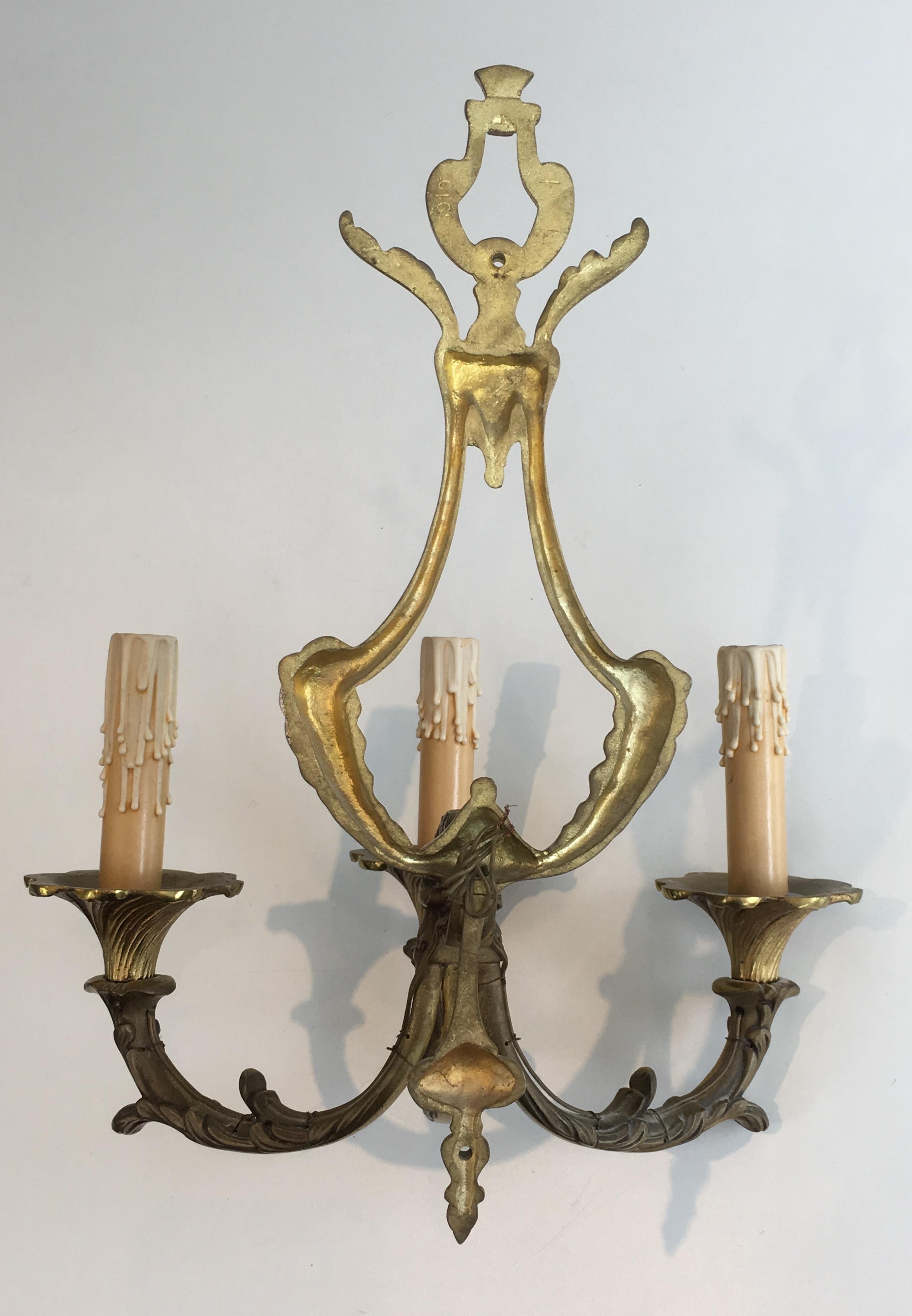 Pair of Louis XV Style 3-Light Bronze Sconces, French, circa 1960 For Sale 9