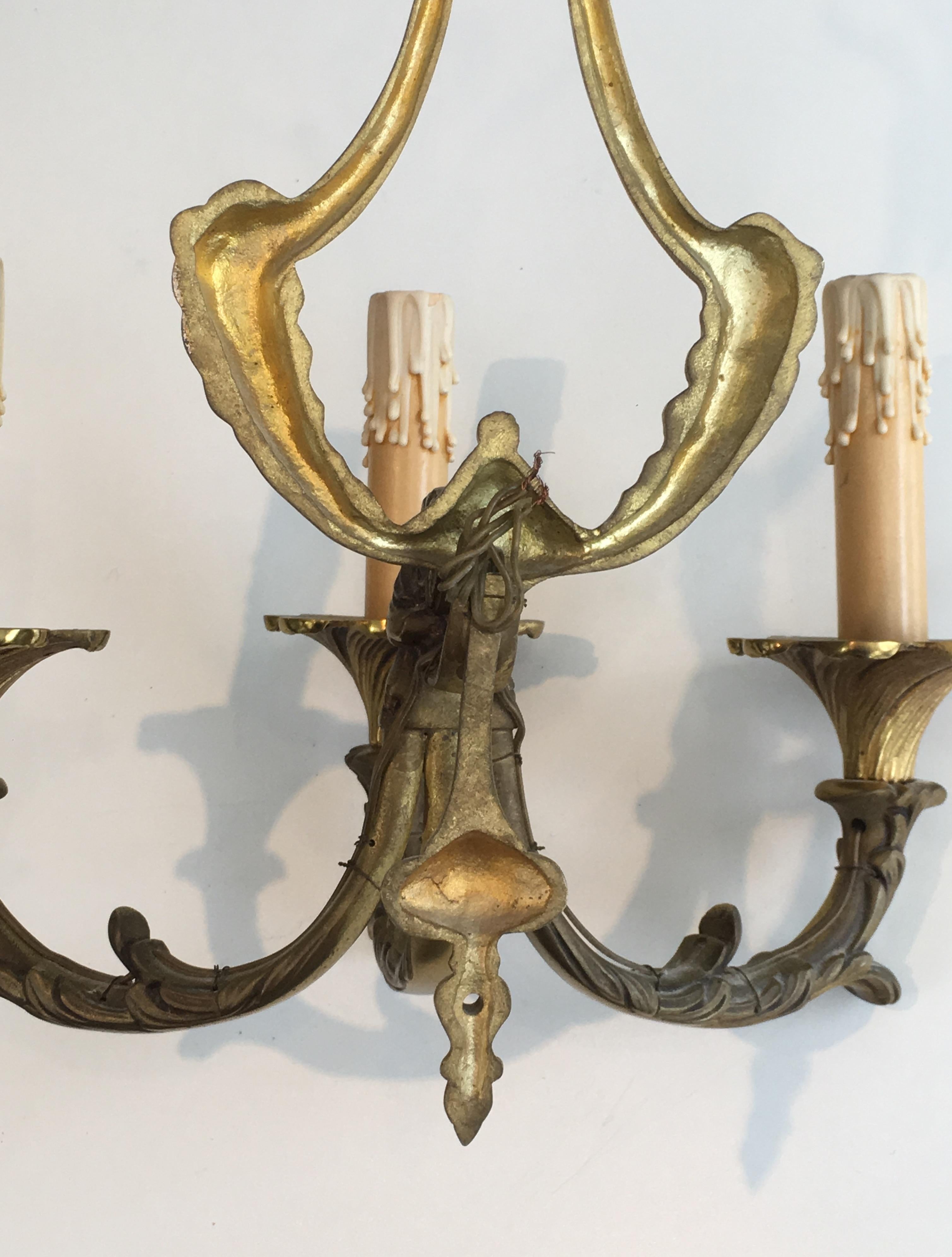 Pair of Louis XV Style 3-Light Bronze Sconces, French, circa 1960 For Sale 11