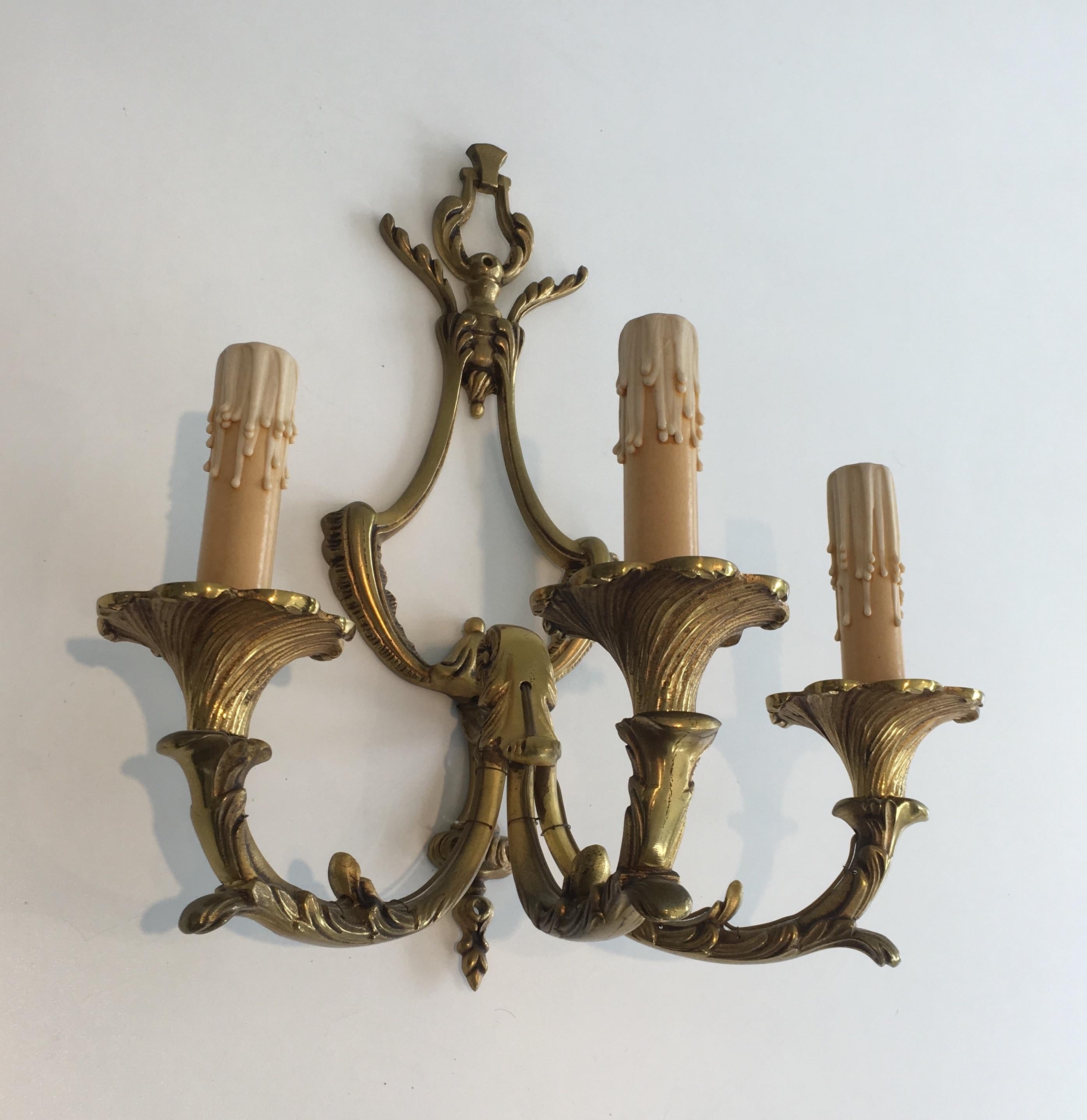 Pair of Louis XV Style 3-Light Bronze Sconces, French, circa 1960 For Sale 12