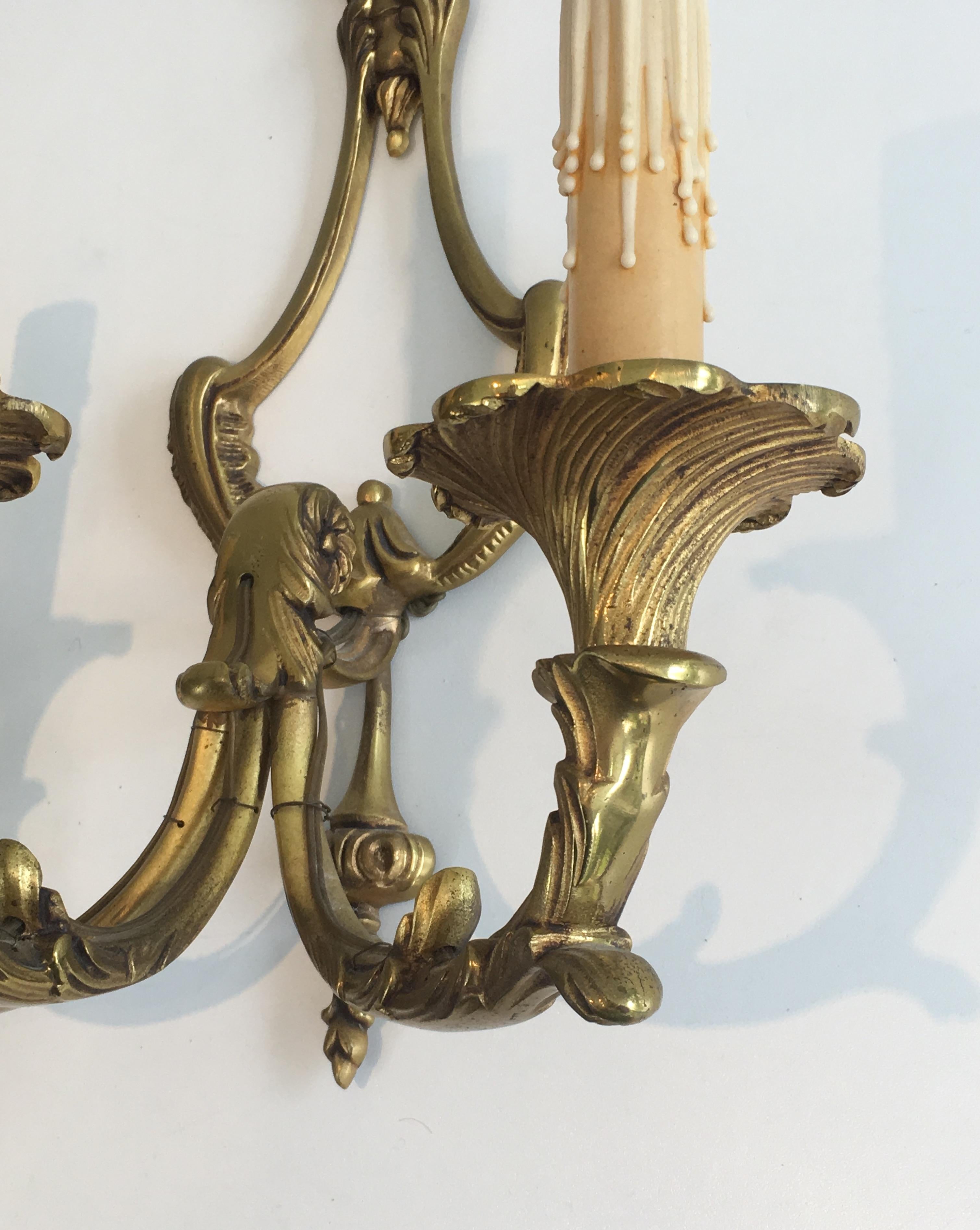 Pair of Louis XV Style 3-Light Bronze Sconces, French, circa 1960 For Sale 14