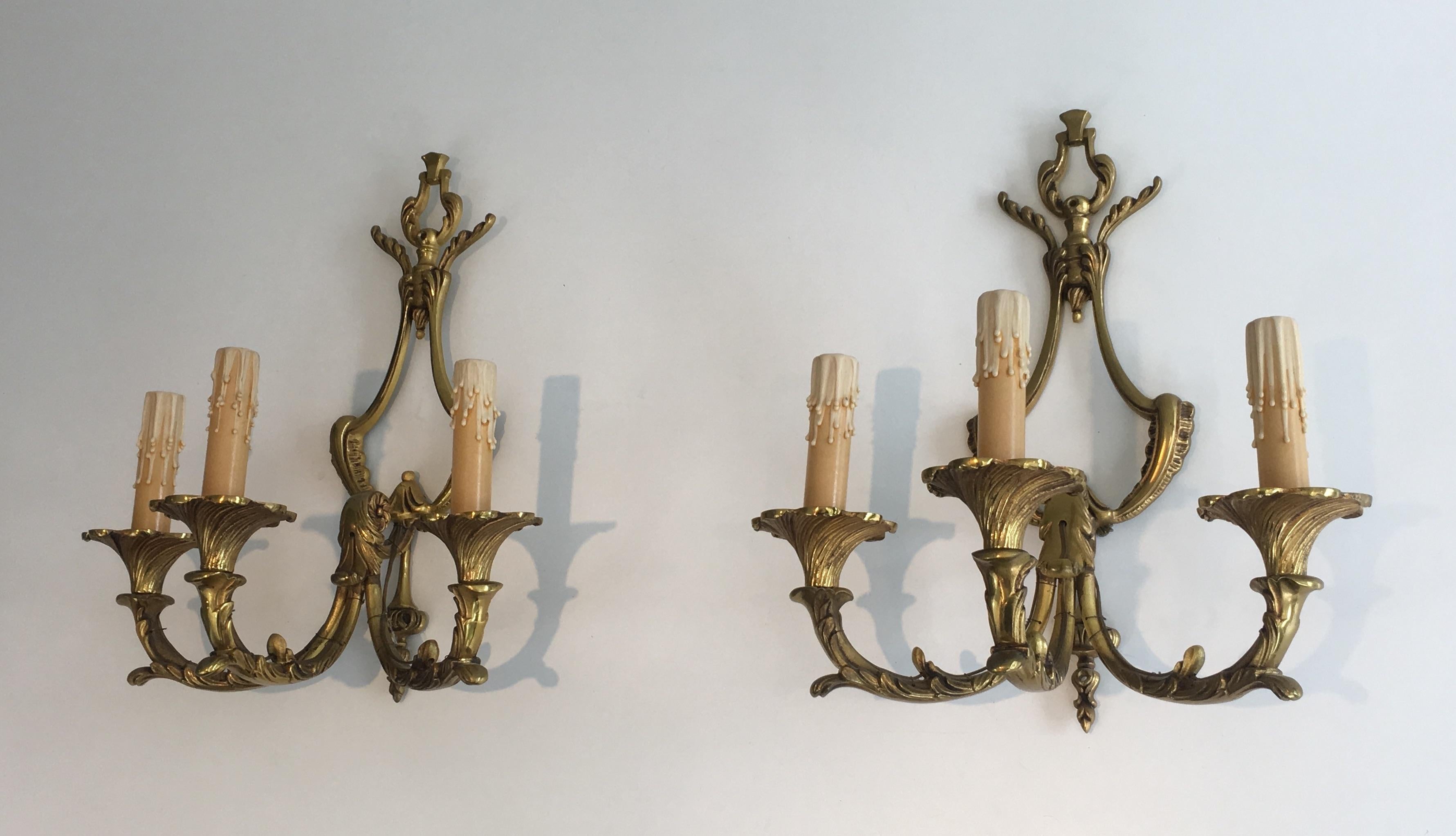 Pair of Louis XV Style 3-Light Bronze Sconces, French, circa 1960 For Sale 15