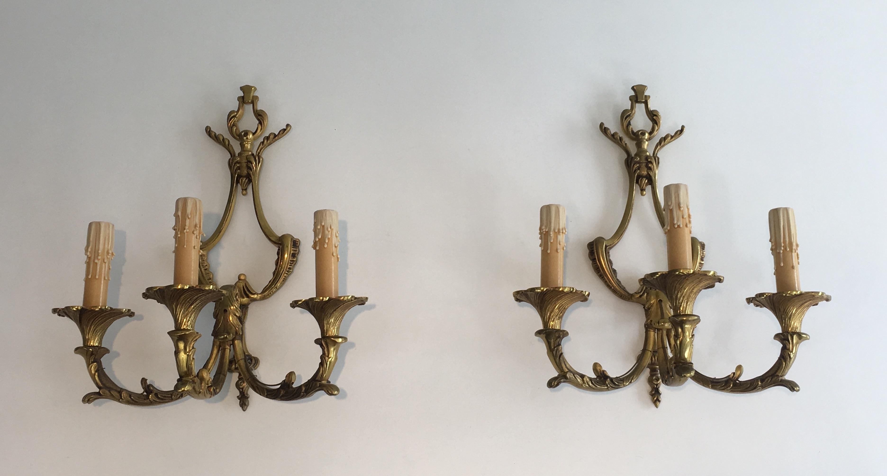 Pair of Louis XV Style 3-Light Bronze Sconces, French, circa 1960 For Sale 16
