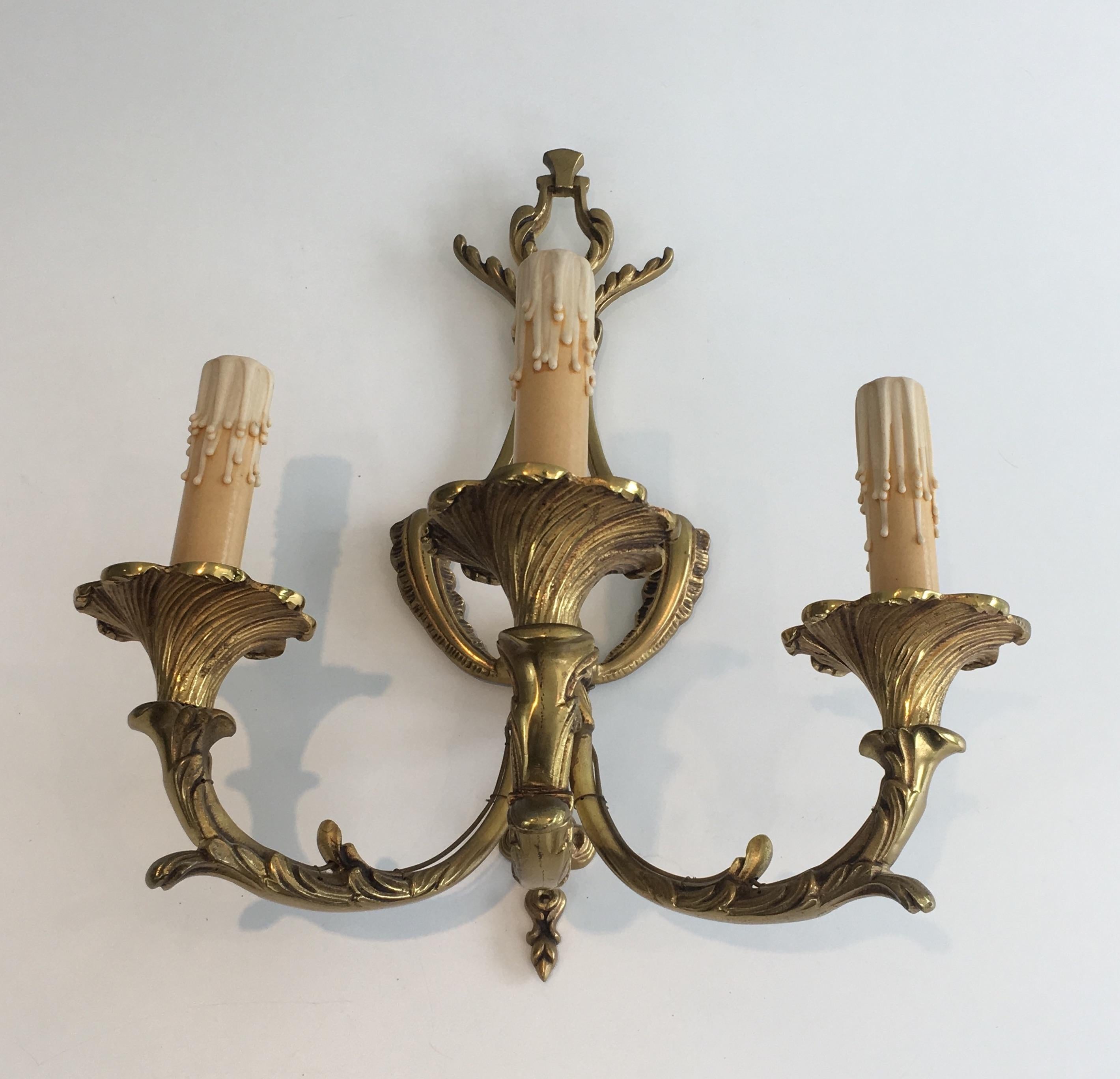 Pair of Louis XV Style 3-Light Bronze Sconces, French, circa 1960 For Sale 1