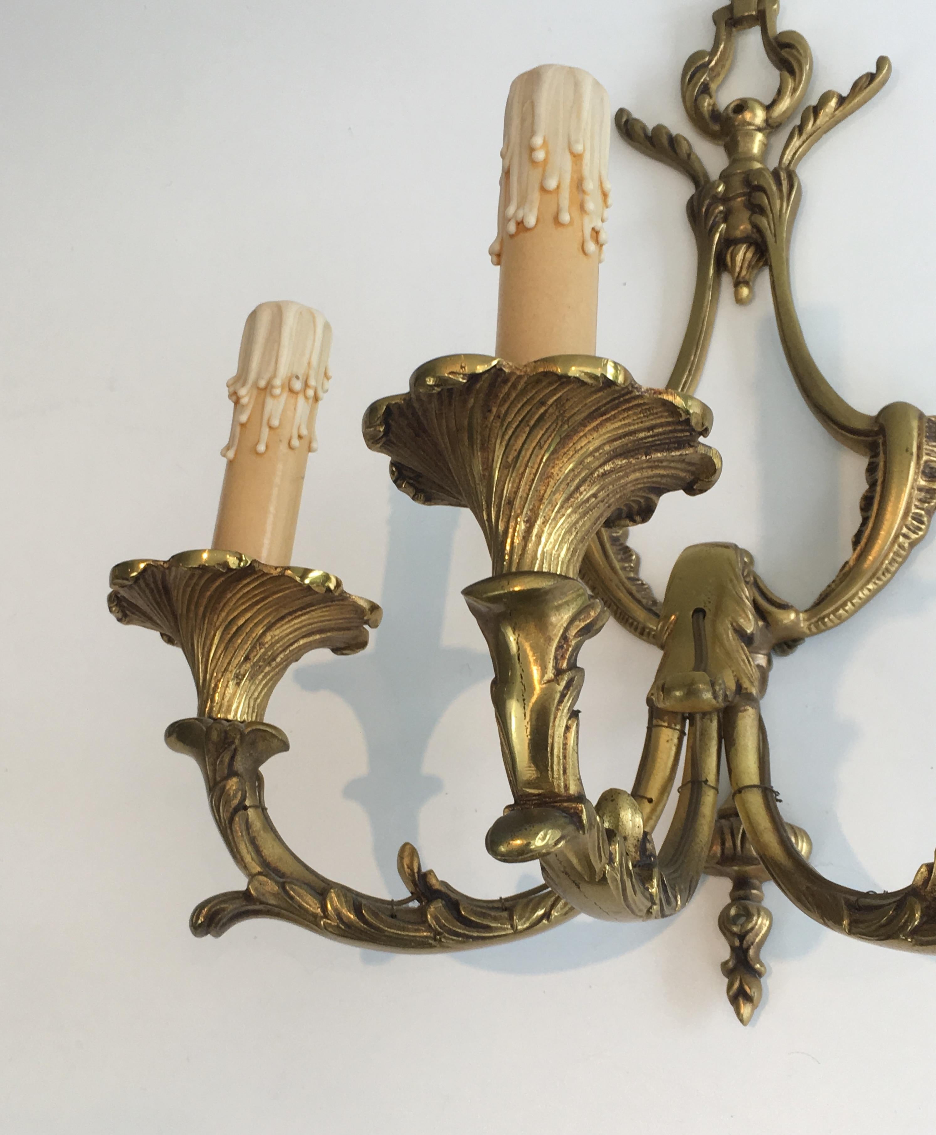 Pair of Louis XV Style 3-Light Bronze Sconces, French, circa 1960 For Sale 2