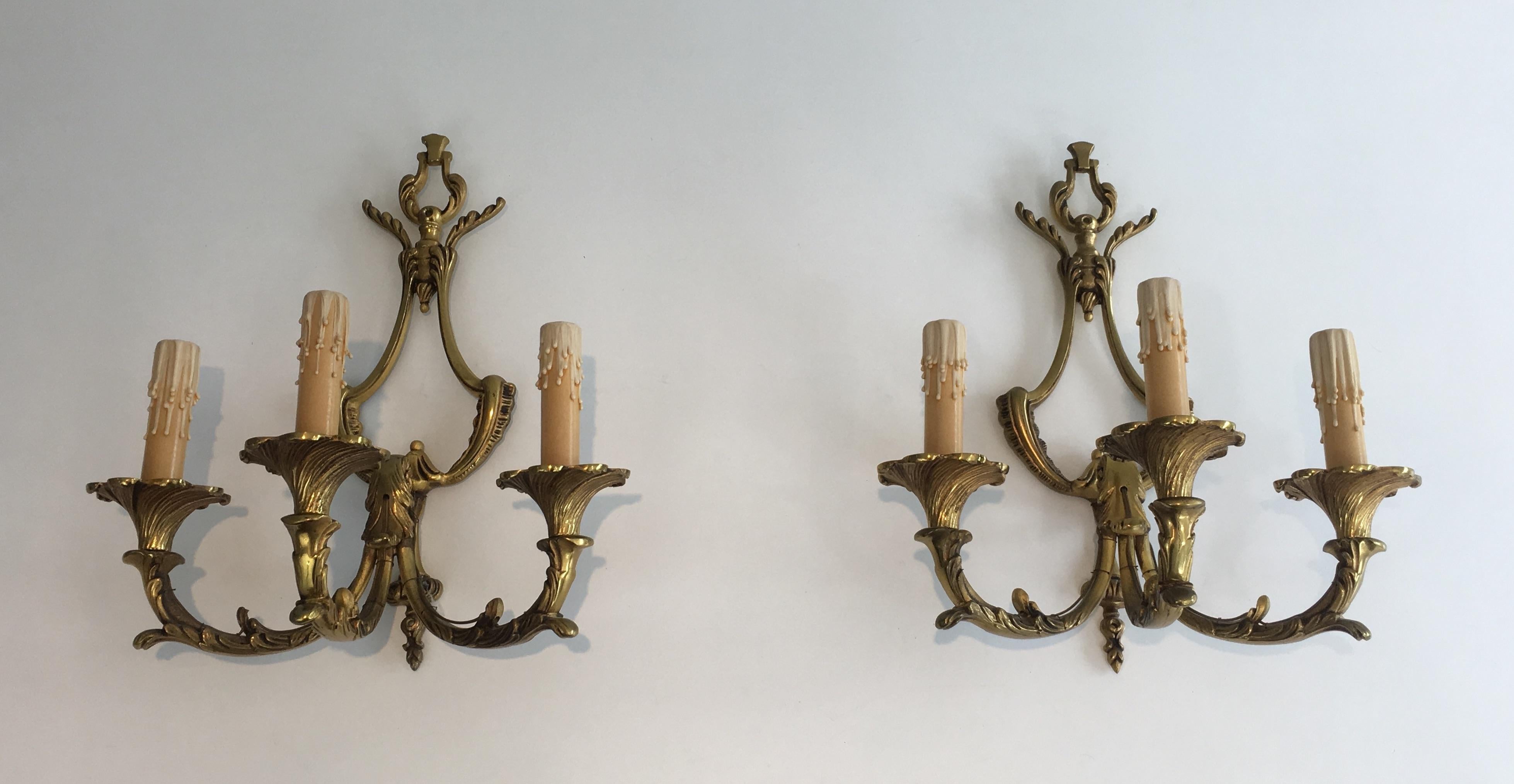 Pair of Louis XV Style 3-Light Bronze Sconces, French, circa 1960 For Sale 5