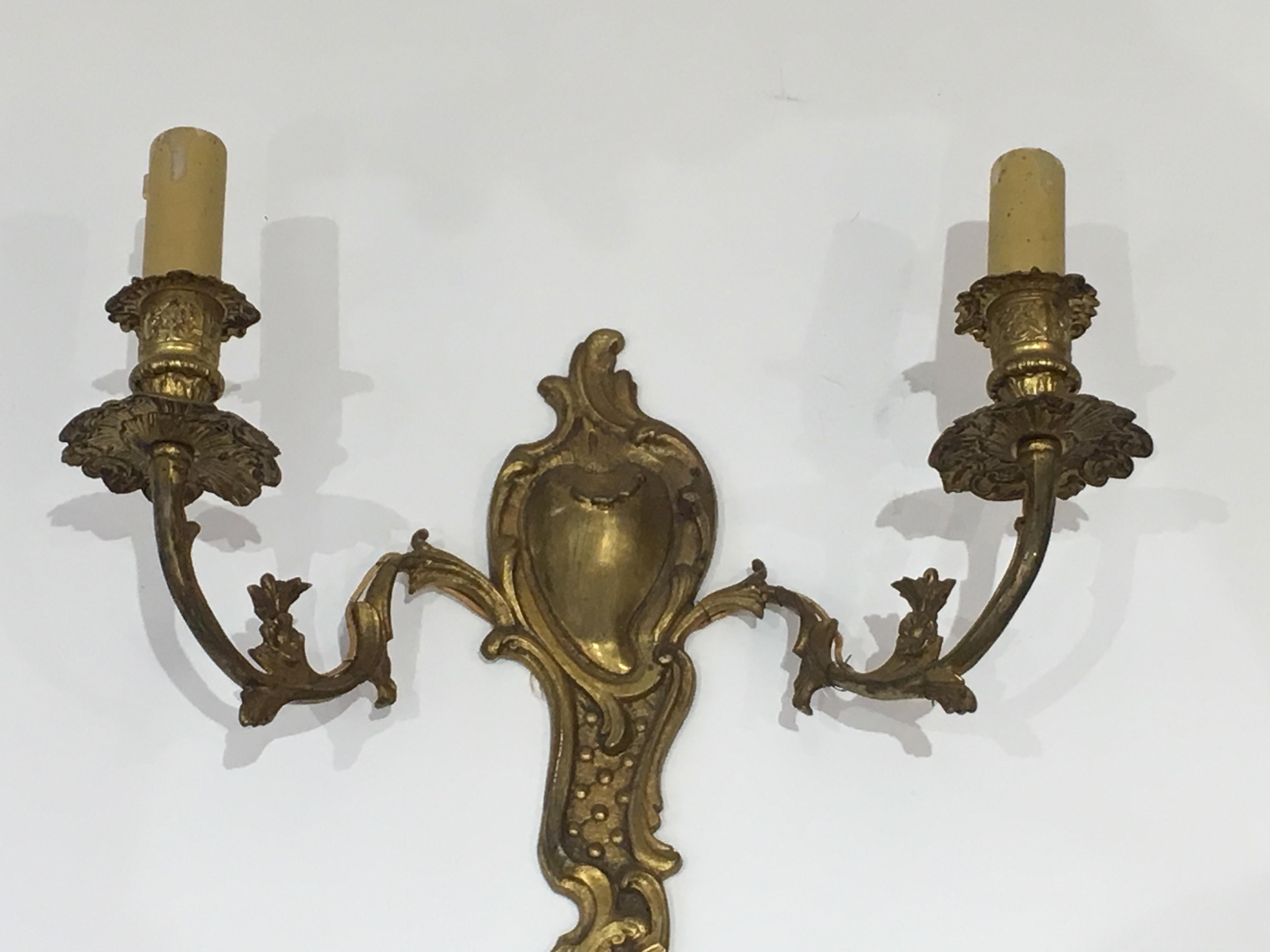 Louis XV Pair of Louis the 15th Style Bronze Wall Sconces, French, circa 1920 For Sale