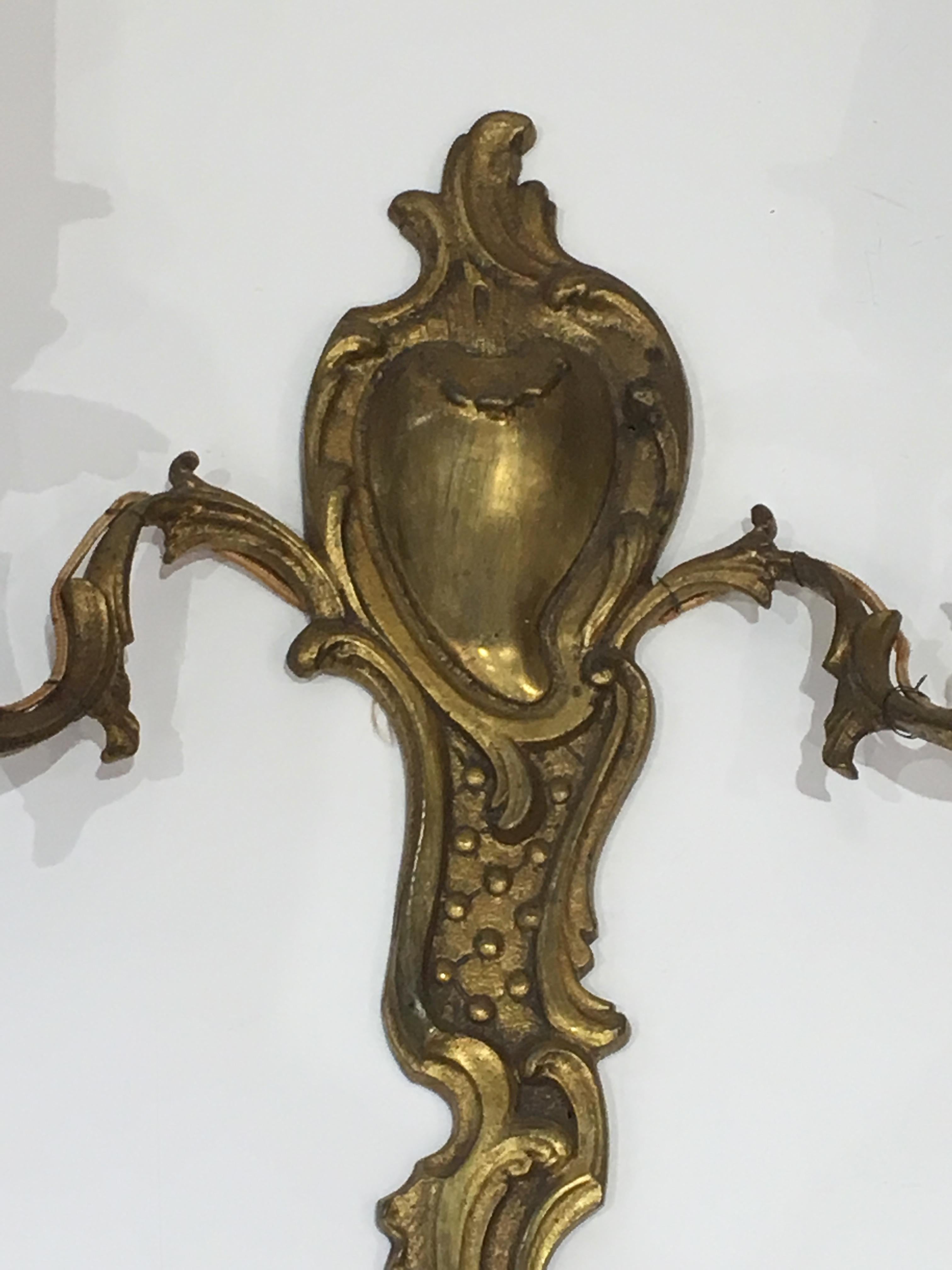 Early 20th Century Pair of Louis the 15th Style Bronze Wall Sconces, French, circa 1920 For Sale